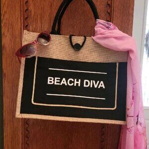 BEACH DIVA BURLAP BEACH BAG
